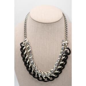 Modern Rhinestone Leather Wrapped Chain Necklace Black Silver 22 Inch